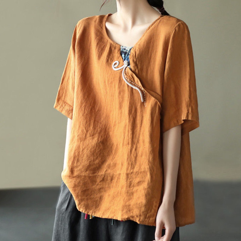 Áo Sơ Mi Vải Lanh Cotton Ngắn Tay Phong Cách Retro 165058 Áo Sơ Mi Dáng Rộng Phong Cách Phương Tây Thời Trang Dễ Phối Đồ