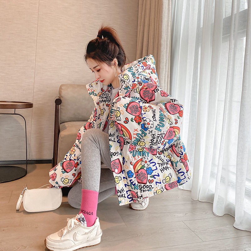 Áo khoác đệm bông mùa đông mới của phụ nữ áo khoác đệm bông ngắn in áo khoác bánh mì rộng rãi dày thời trang áo khoác hợ