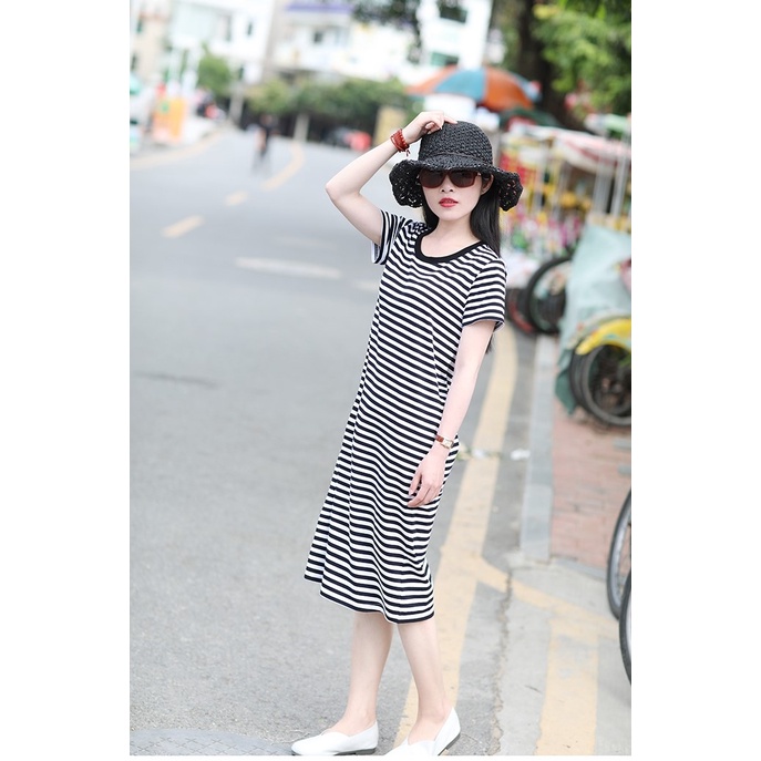 Váy suông cotton kẻ đen trắng,Đầm maxi đi biển cho nữ