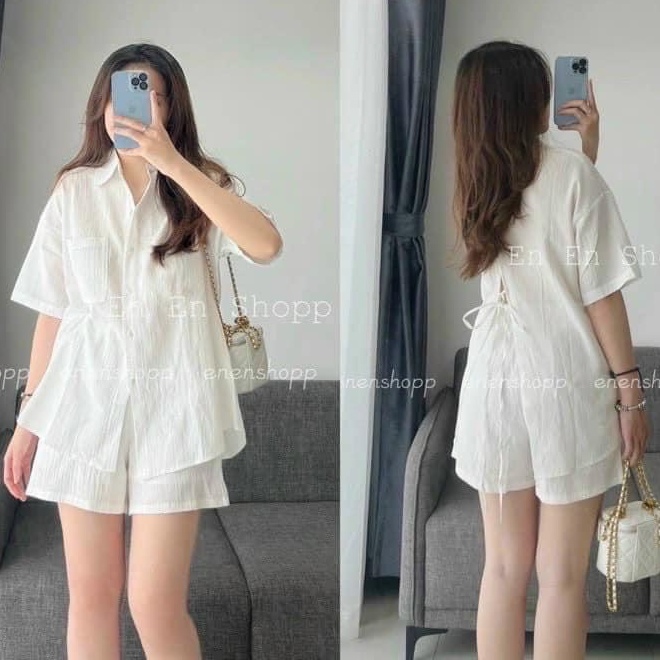 Set áo sơ mi tay lỡ form rộng xẻ sau buộc dây mix quần short vải đũi hàng đẹp Bingshop