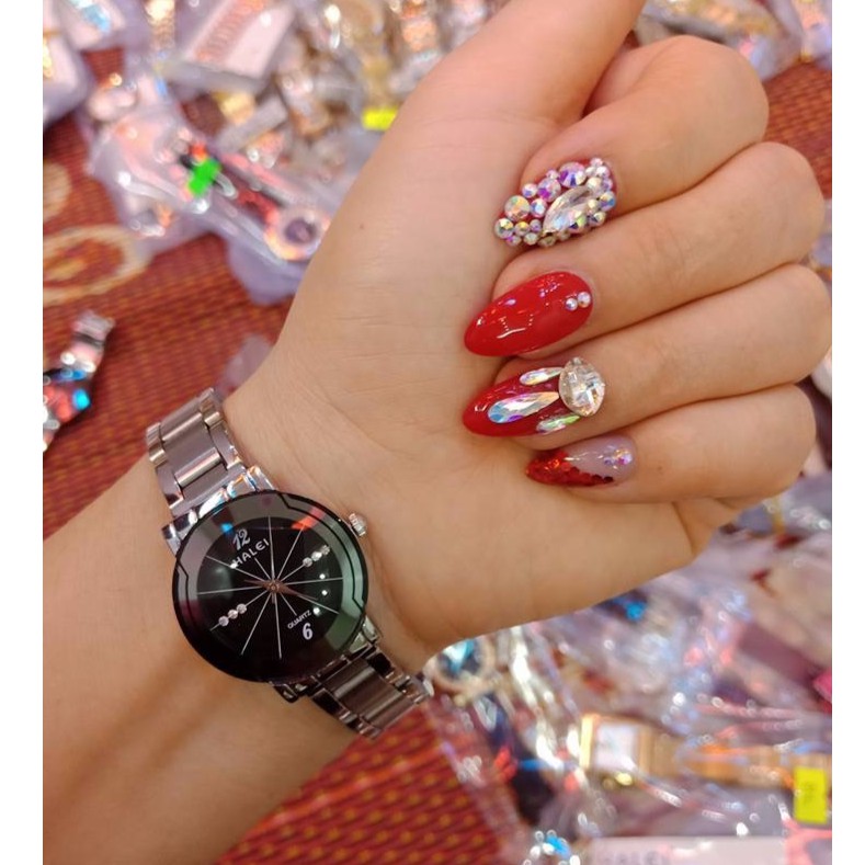 (HOT) đồng hồ nữ HALEI dây inox màu trắng đeo lên tay cực đẹp ( hàng chuẩn tặng kèm pin)