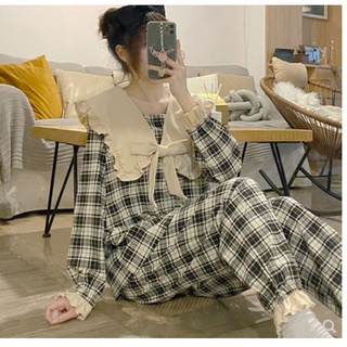 (ORDER)Đồ ngủ dài tay caro đen vải cotton cổ nơ mùa thu đông phong cách Hàn Quốc