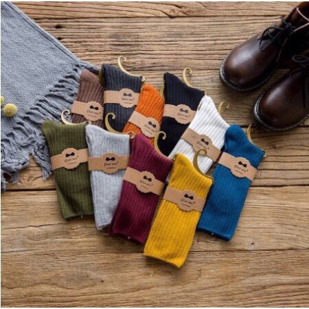 Set 5 đôi tất cổ cao Bivota vớ nữ Hàn Quốc cotton len gân vintage T62