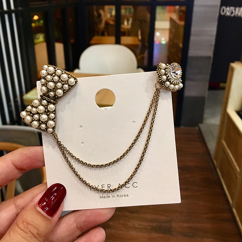 Ghim cài áo hình nơ phối dây xích phong cách vintage thời trang cho nữ