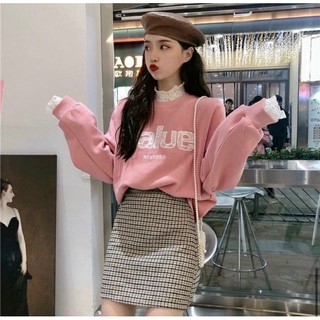 Set bộ áo sweater nỉ tay dài phối ren và chân váy caro cao cấp - lB5C