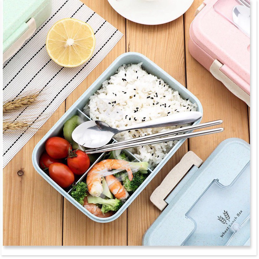 Hộp đựng cơm lúa mạch 3 ngăn giữ nhiệt tốt hâm nóng được trong lò vi sóng tặng kèm đũa thìa inox