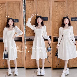Váy trắng dự tiệc cổ vuông viền ren tiểu thư tay bồng kèm ảnh thật sẵn