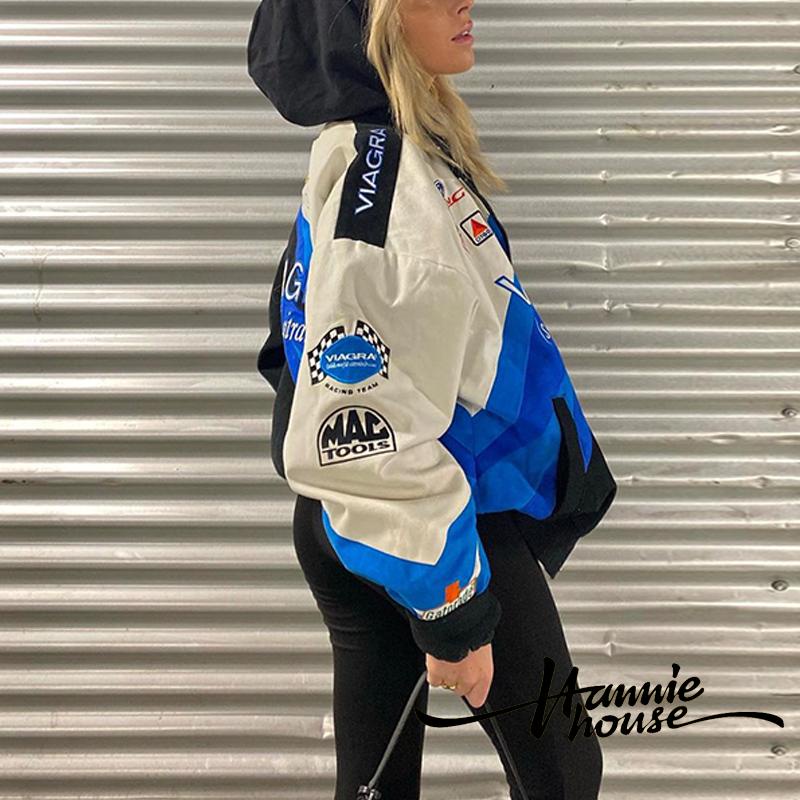 Áo khoác bóng chày tay dài cổ đứng in chữ phối màu phong cách hip hop thời trang cho nữ