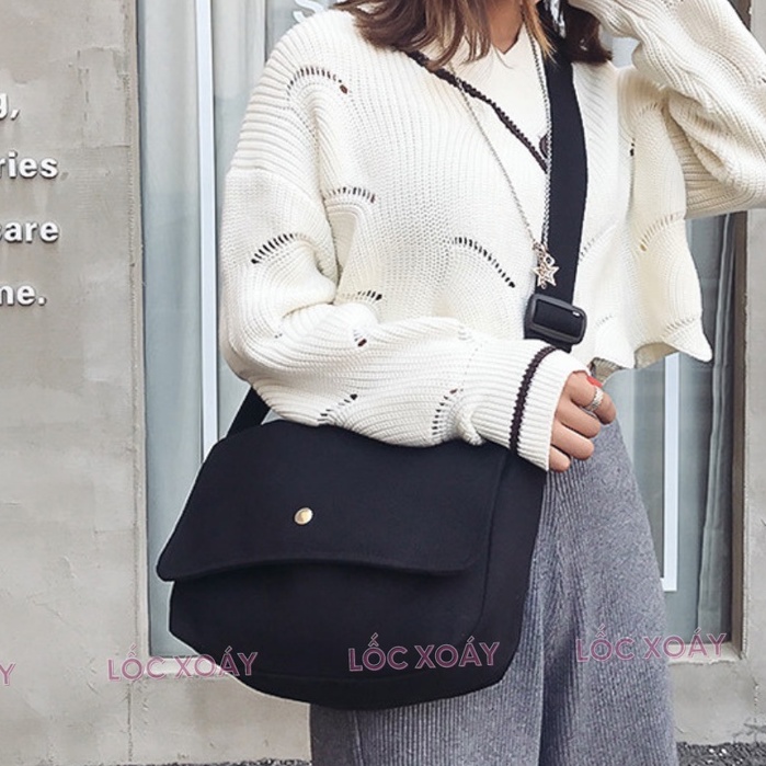 Túi Vải Đeo Chéo Unisex Chất Canvas Cao Cấp Có Khóa Bấm Và Ngăn Nhỏ Bên Trong Thời Trang Ulzzang Hàn Quốc