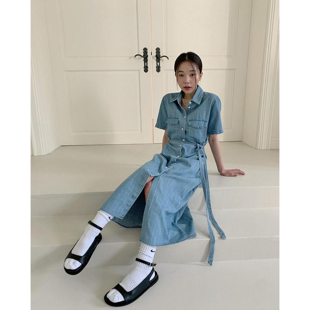 Đầm Denim Cổ polo Dáng Dài Ngắn Tay Thời Trang Sành Điệu 60655