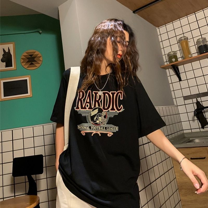 Retro American sapphire blue letter short sleeve t-shirt female 2021 summer new Korean loose half sleeve trendy clothes