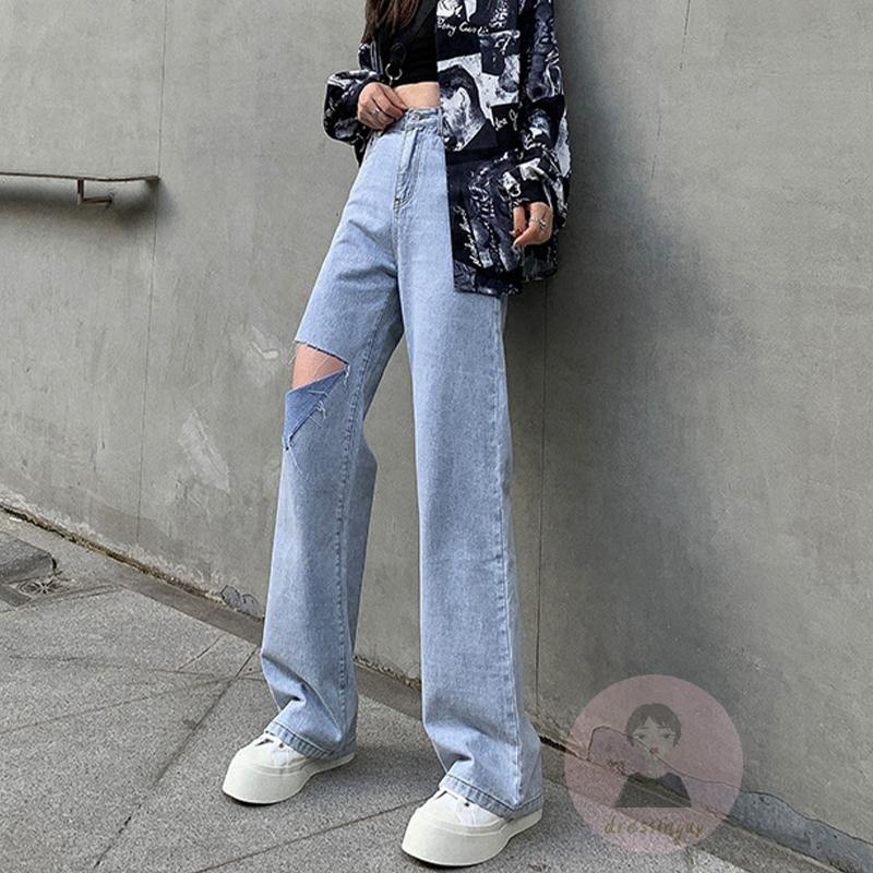 Quần Jeans Dài Lưng Cao Màu Sắc Trơn Dáng Rộng Dành Cho Nữ