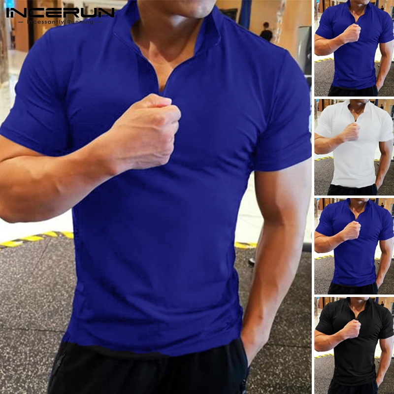 Áo INCERUN tay ngắn cổ bẻ có khóa kéo 3 màu tùy chọn thời trang cho nam