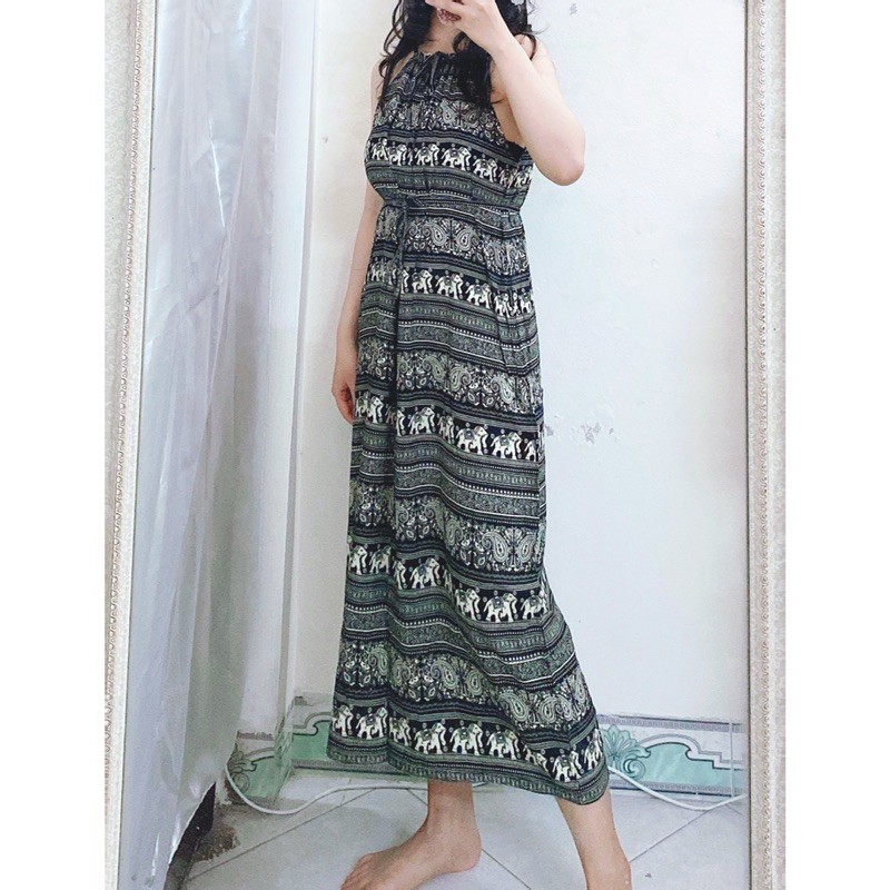 [Mã WAMT1505 giảm 10K đơn 0K] Váy lanh 2 dây thổ cẩm cổ yếm | BigBuy360 - bigbuy360.vn