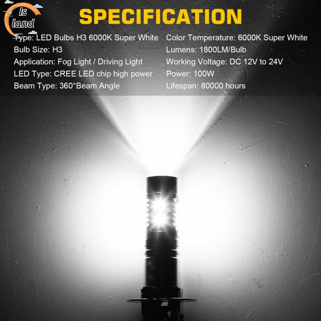 Bộ 2 Bóng Đèn Led H3 Dc 12v-24v 100w 360 Độ Ánh Sáng Trắng Cho Xe Hơi