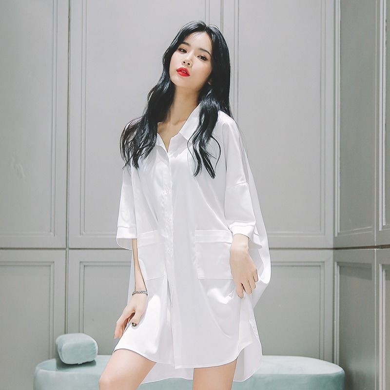 Sexy Women's Sleepwear Summer Slim Long Sleeve Boyfriend Wind White Shirt Form Long Home Wear Spring And Autumn Veterinary To Outfit Pajamas