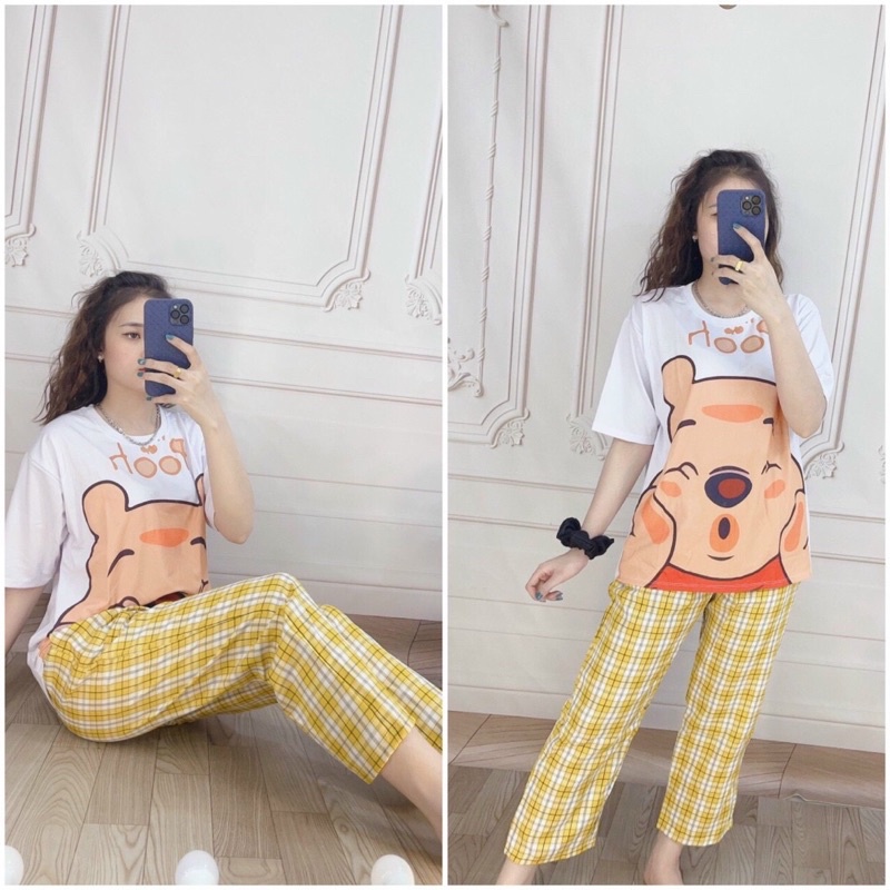 Set đồ bộ nữ quần dài kẻ sọc caro ống rộng Size 40-68kg - Bộ áo tay lỡ cartoon hoạt hình phối quần dài dáng suông