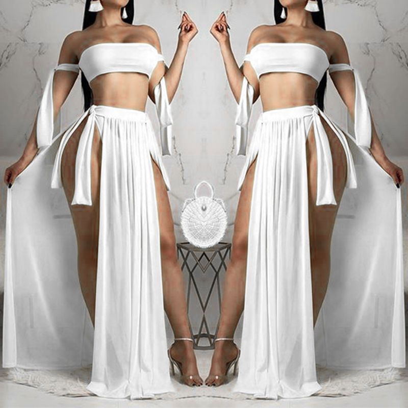 Set Bikini 3 Món Áo Trễ Vai + Chân Váy Lọt Khe Cắt Cao Gợi Cảm Cho Nữ