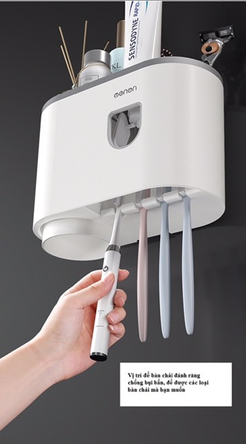 GQ376 Bộ nhả kem và cốc để bàn chải đánh răng tự động tiện lợi nhựa ABS an toàn (Tặng Kèm Miếng Dán)