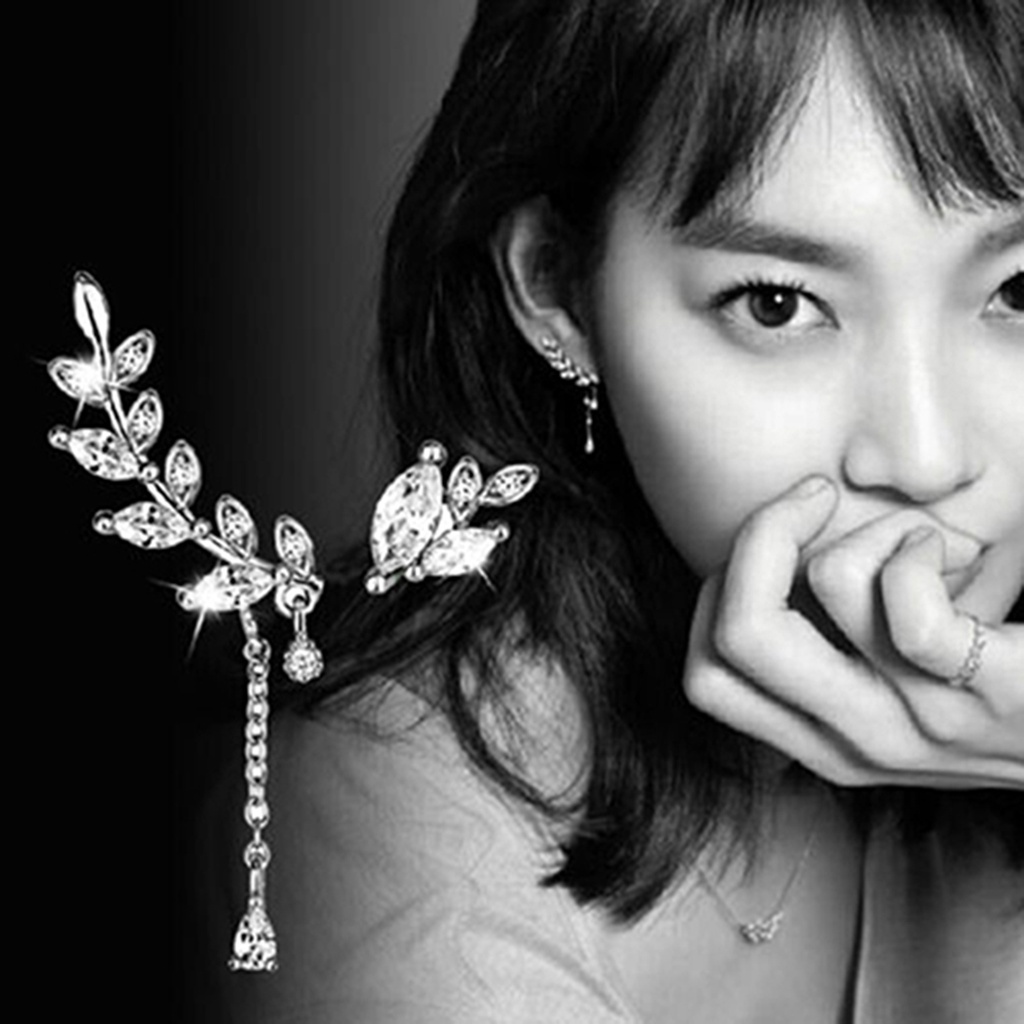 Khuyên đeo vành tai tạo hình lá đính đá lấp lánh thời trang