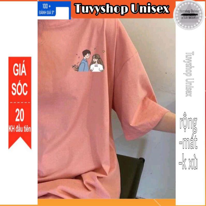 Áo phông nữ ⚡TUVYSHOP⚡ Áo cotton hút mồ hôi tay lỡ Unisex Đôi bạn oversize màu hồng