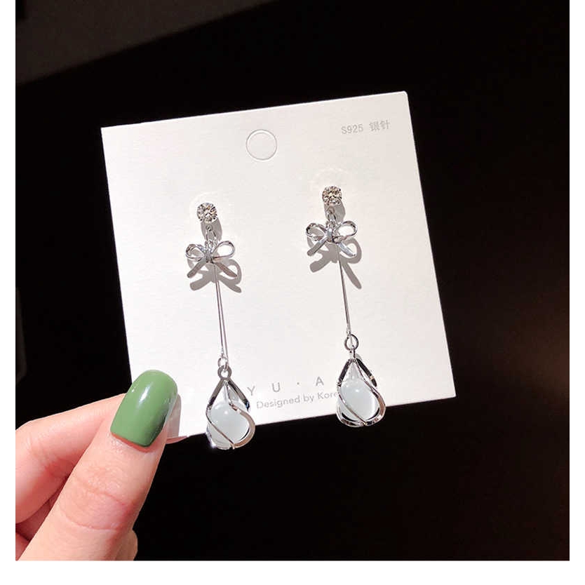 Bông tai dáng dài phối họa tiết nơ đính đá mắt mèo phong cách Hàn Quốc thời trang