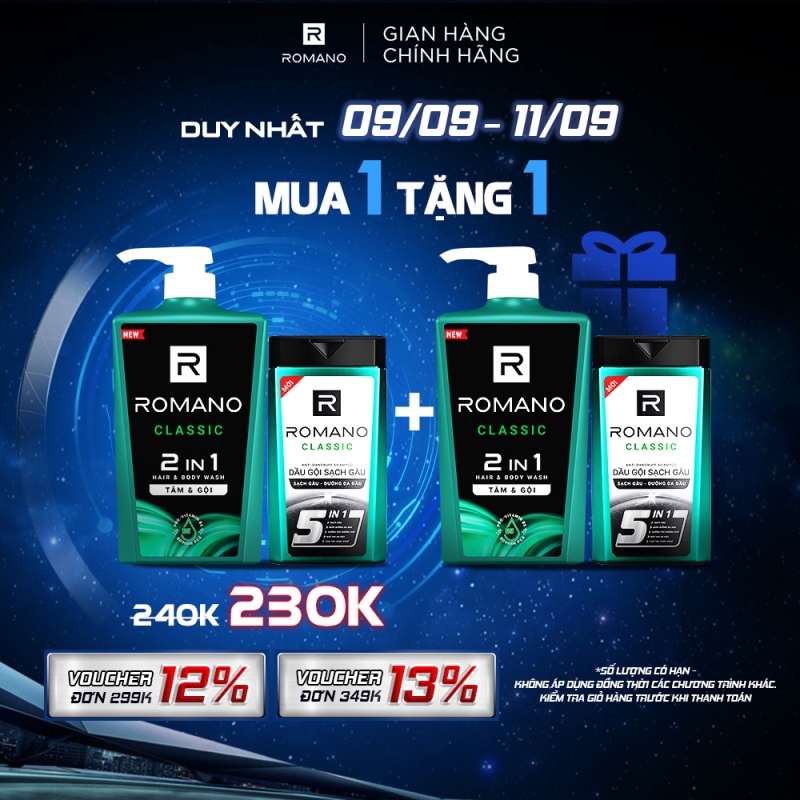 Tắm gội 2 trong 1 Romano 2in1 650g + Dầu gội sạch gàu 150g Romano