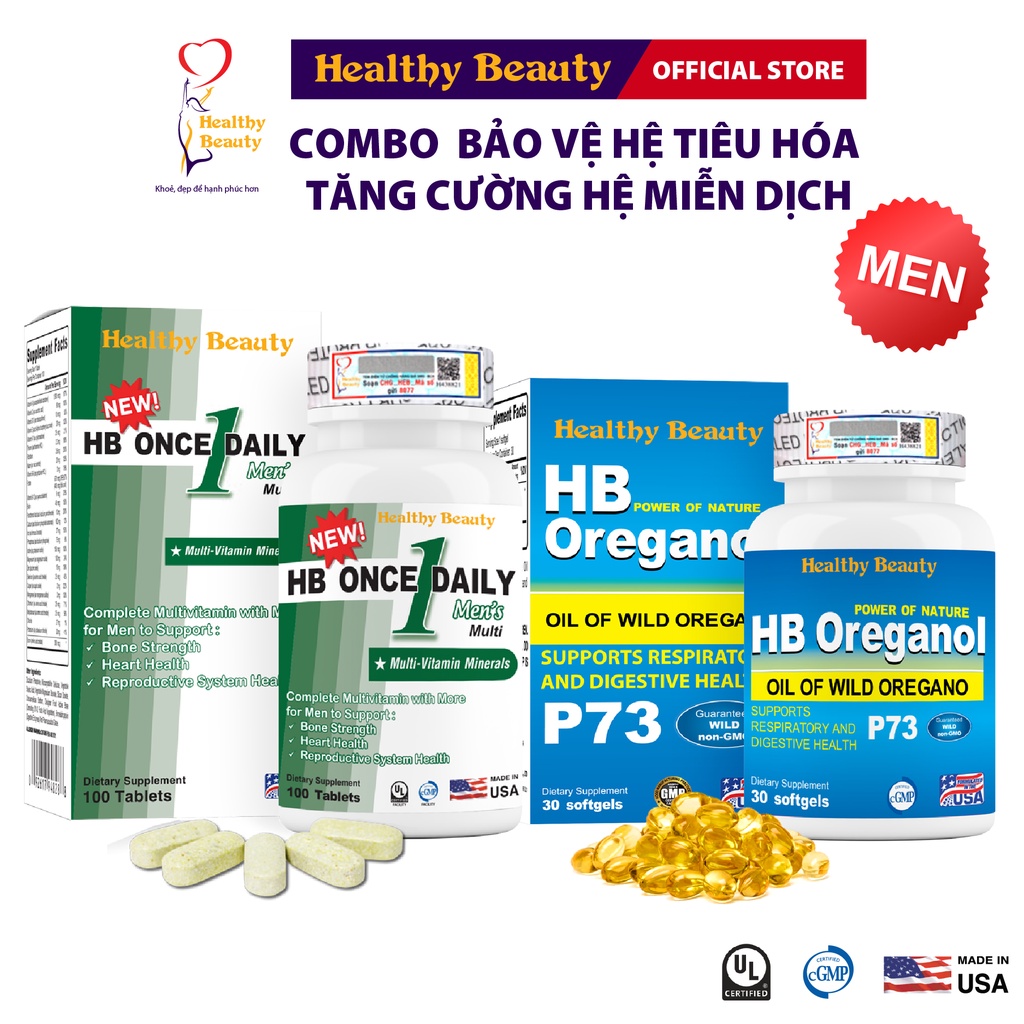 ComBo HB Once Daily Multi &amp; HB Oreganol P73 Healthy Beauty Tăng Cường Hệ Miễn Dịch Bảo Vệ Hệ Tiêu Hóa