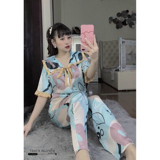 Đồ bộ PIJAMA lụa satin tay ngắn quần dài cao cấp, thoáng mát, màu loang, cổ bảng vuông, thắt nơ