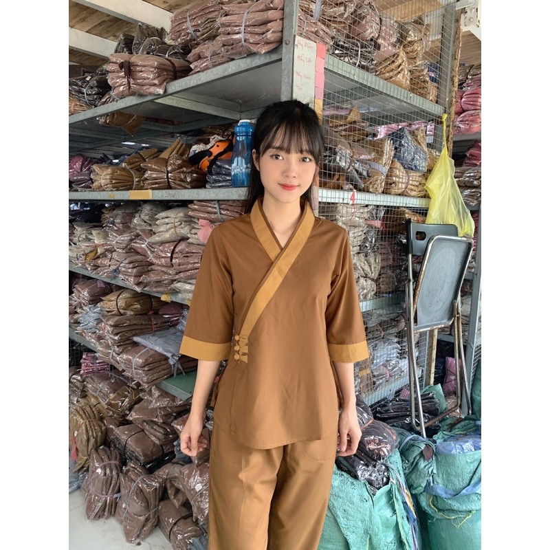 Đồ đi chùa đơn giản, thời trang nữ áo lam 3nút trơn phối