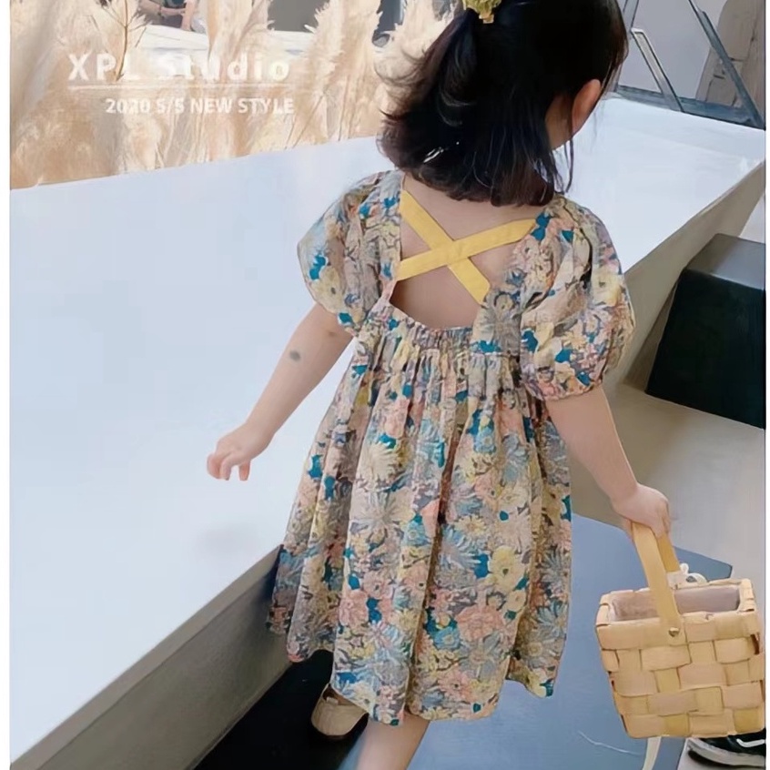 Đầm công chúa BABEPROUD từ cotton họa tiết hoa ngọt ngào ngắn tay mùa hè cho bé 1-6 tuổi