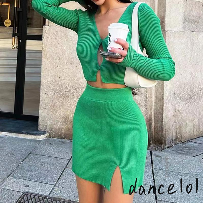 Set Áo Croptop Tay Dài + Chân Váy Màu Sắc Trơn Cho Nữ Khiêu Vũ1O1-