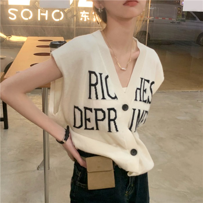 Áo dệt kim SUXI sát nách dáng rộng cổ chữ V in chữ phong cách Hàn Quốc thời trang mùa hè cho nữ