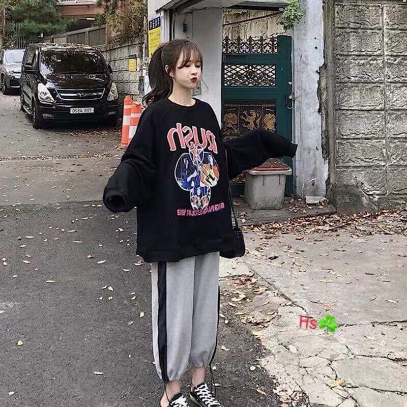 bộ nỉ thụng rộng unisex Rush quần ống suông rộng có dây rút gấu thành chun ống