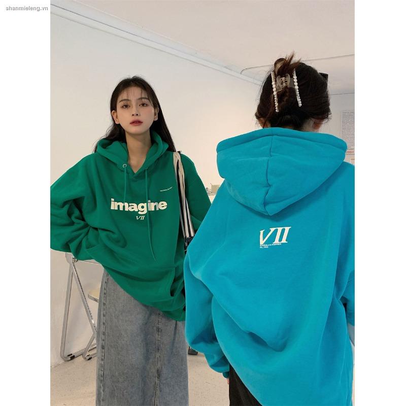 Áo hoodie dáng rộng size lớn phối vải nhung dày phong cách Mỹ thời trang thu đông dành cho bạn nữ