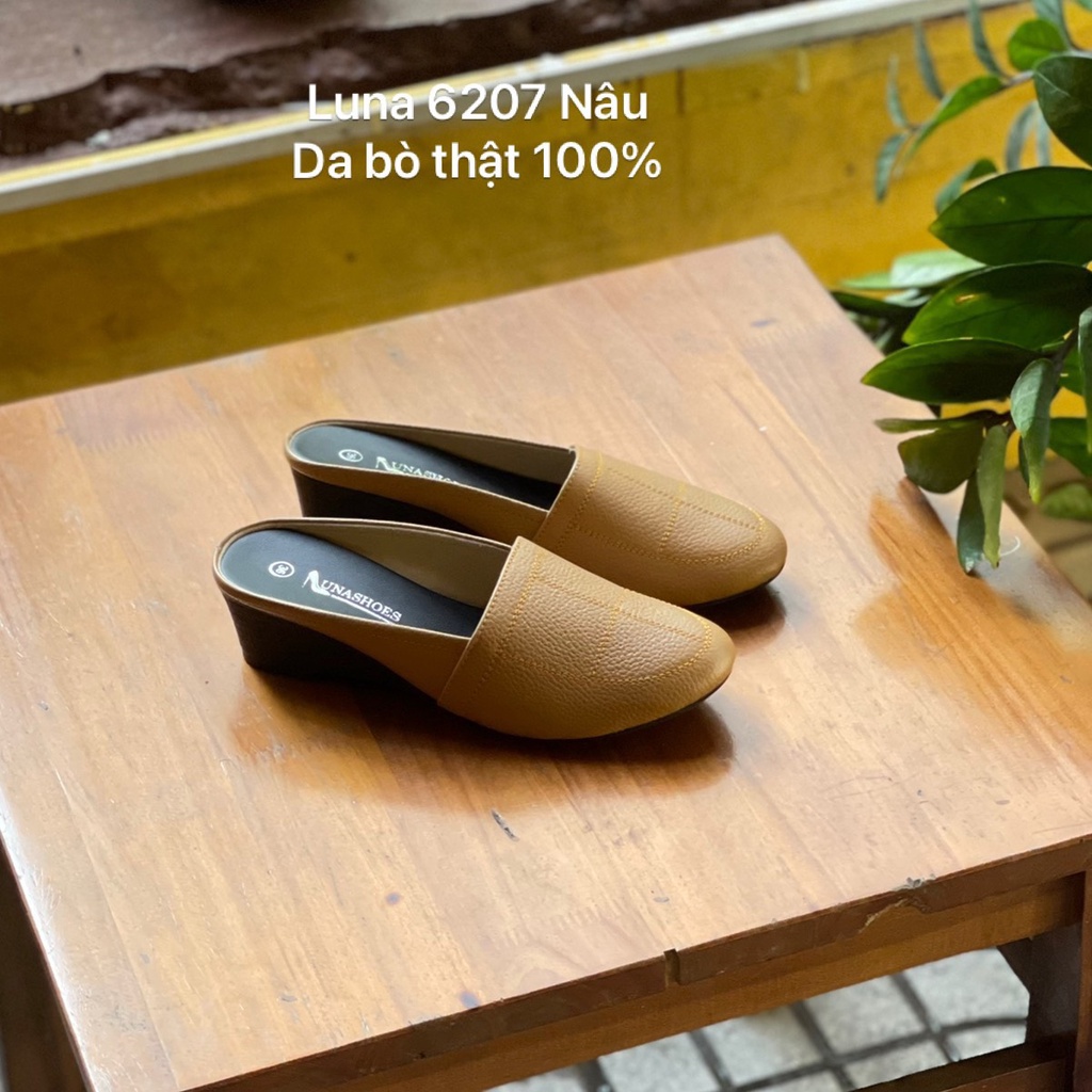 Giày sục nữ 3p LUNASHOES 6207 hở gót mũi tròn da bò mềm dễ đi phối đồ đẹp