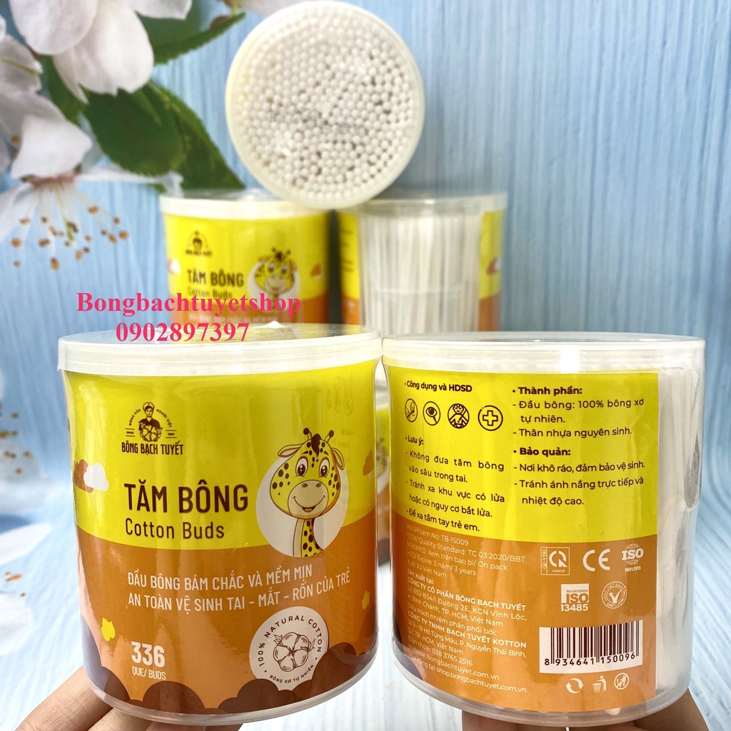 Tăm Bông Cho Bé 336 Que HỘP TRÒN XOAY - Tăm Bông Kotton Care For Kid HỘP TRÒN Bông Bạch Tuyết