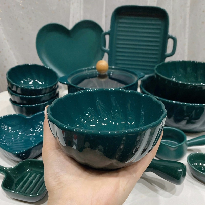 Bát đĩa sứ, Bát ăn cơm, Bộ chén dĩa dễ thương, bát đĩa decor xinh yêu bộ màu xanh cổ vịt cute sang chảnh.