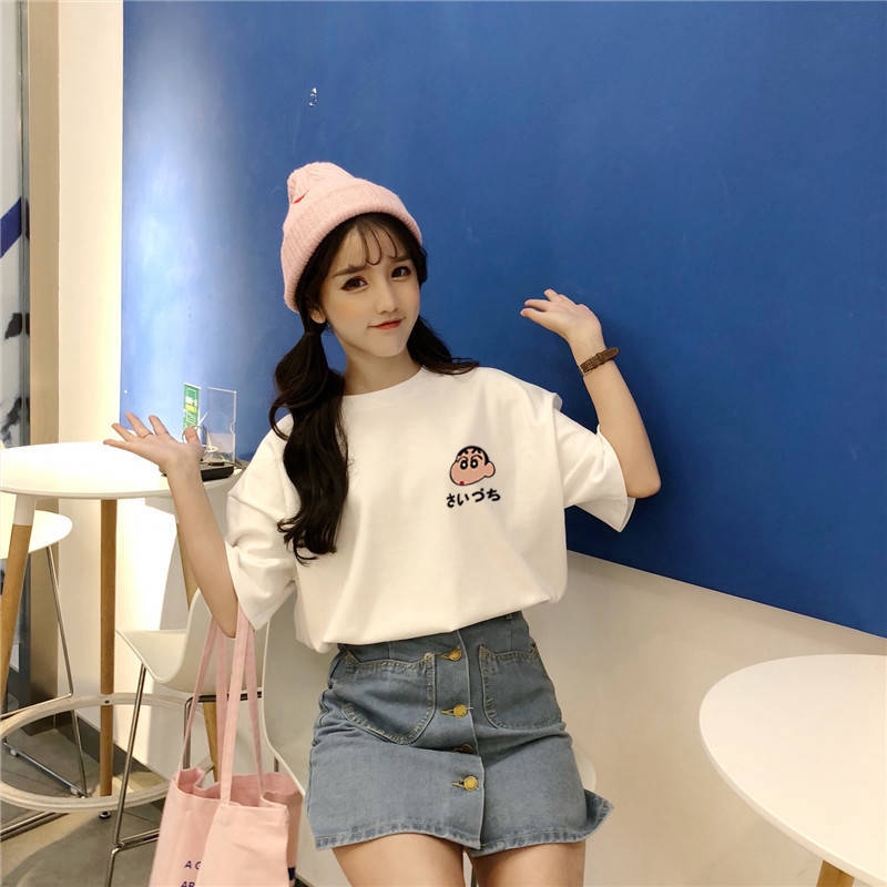 Áo thun tay ngắn cổ tròn phong cách Hàn Quốc đơn giản thời trang nữ