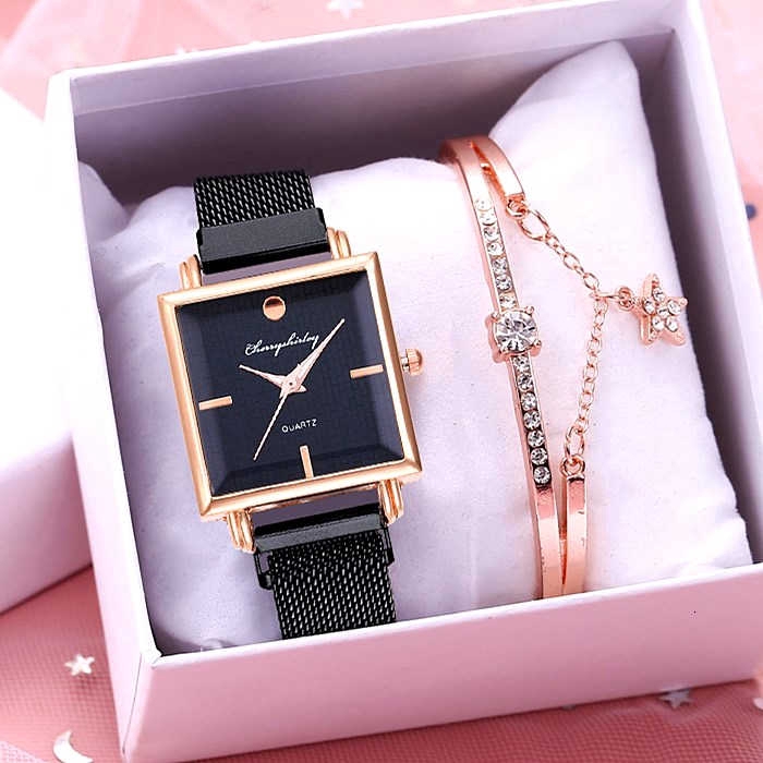 【Watch+Bracelet】Women Magnet Buckle Square Bracelet Watches Set Luxury Ladies Wristwatch