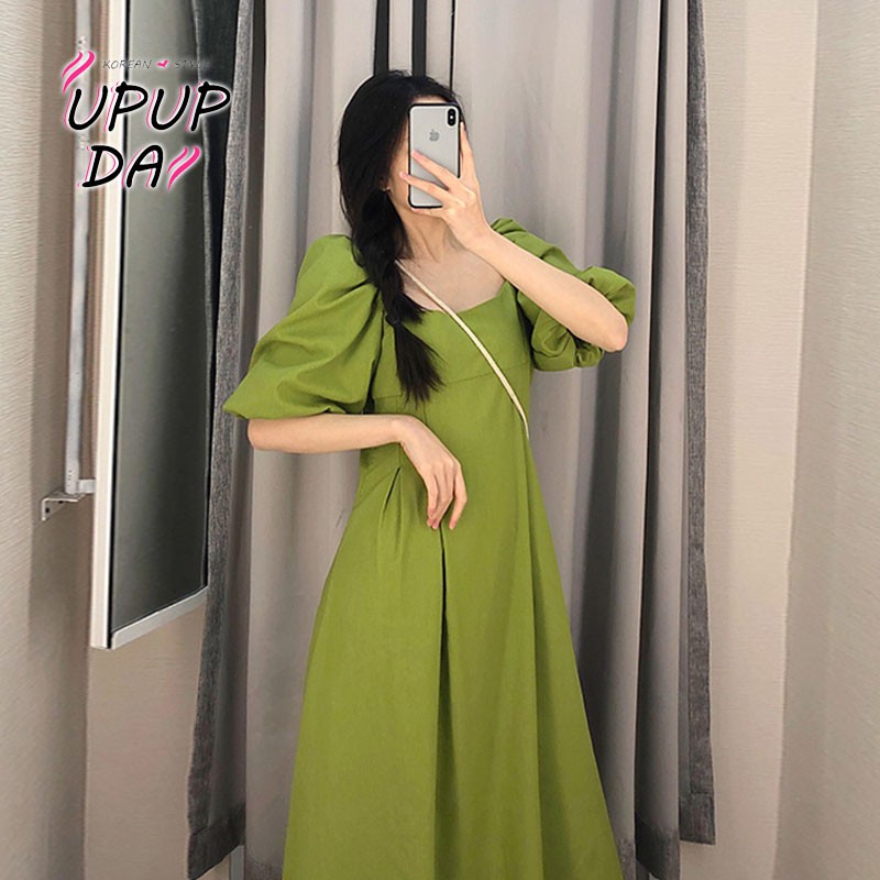 Đầm Dáng Dài Cổ Vuông Màu Xanh Bơ Phong Cách Hàn Quốc Thời Trang Cho Nữ