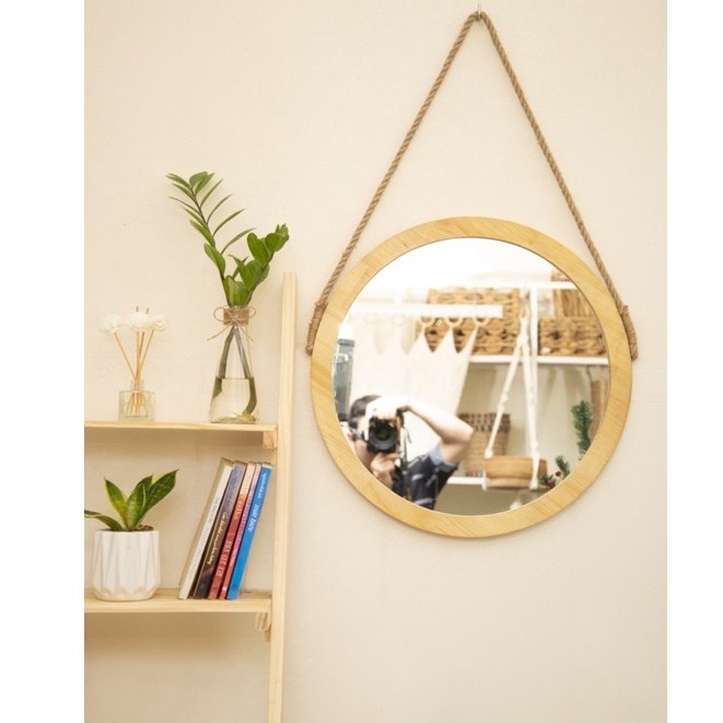 Gương tròn trang điểm, gương viền gỗ decor kèm phụ kiện đường kính 45cm, gương trang trí treo dây thừng KGR01