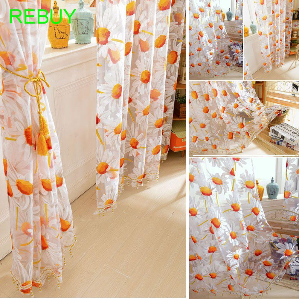 Rèm cửa chiffon in họa tiết hoa hướng dương xinh xắn thời trang