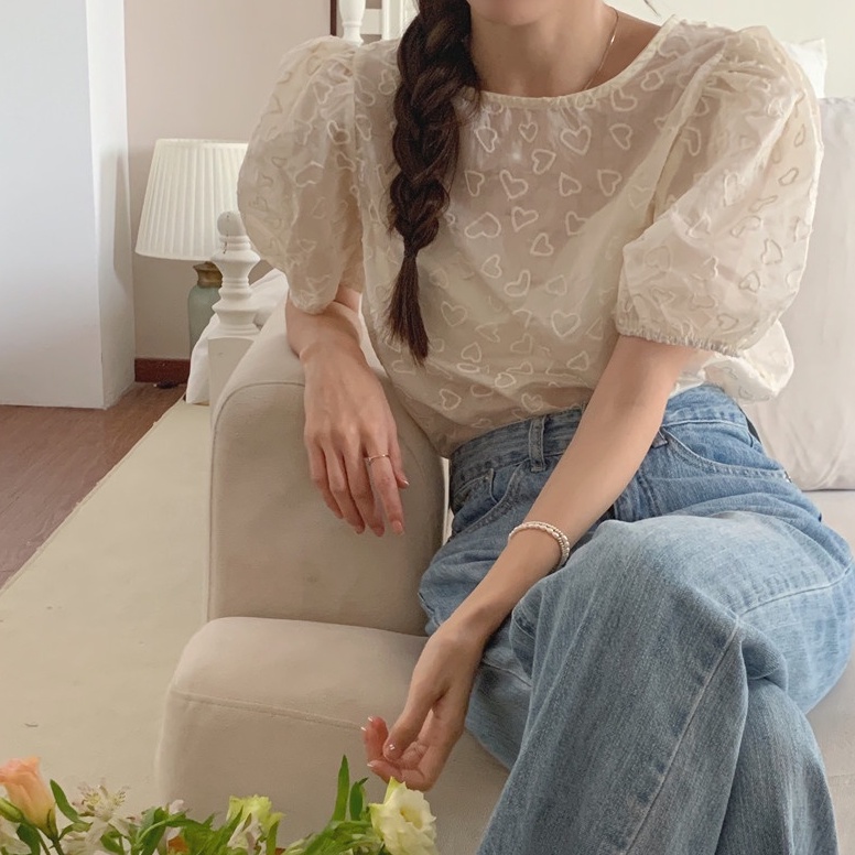 Áo Thun Cổ Tròn Tay Ngắn Thêu Hình Trái Tim Nhỏ Tinh Tế 52113 Phong Cách Hàn Quốc