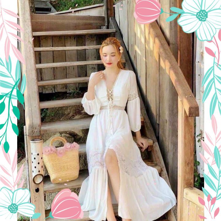 Đầm Maxi Nữ Phối Ren Dây Rút Maxi Màu Trắng Dáng Xòe | BigBuy360 - bigbuy360.vn