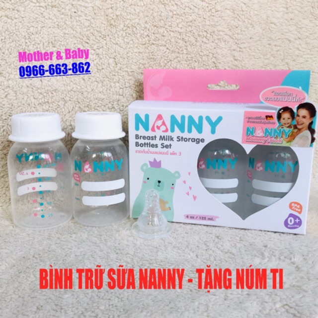 Bộ 3 bình trữ sữa Nanny 125ml, nắp lắp núm ti tiện dụng, made in Thái Lan, tặng núm ti
