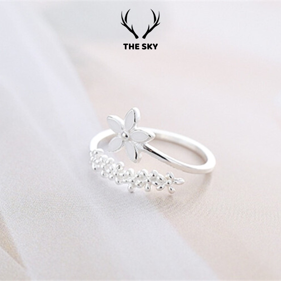 Nhẫn Bạc Nữ THE SKY NB13 Mặt Hình Bông Hoa Cách Điệu Xinh Xắn Freesize