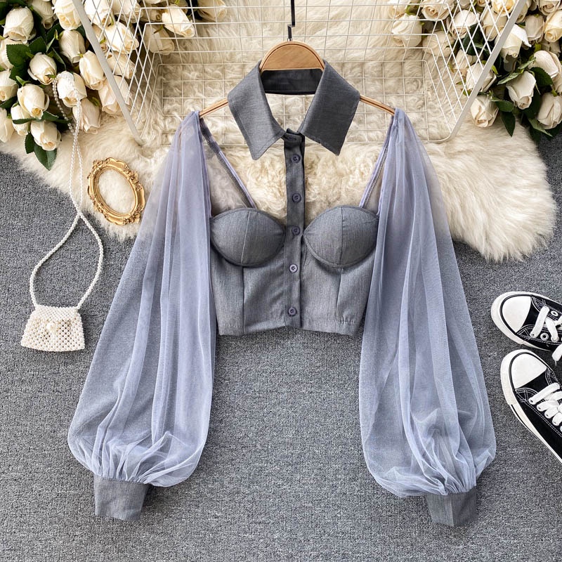 Áo sơ mi ngắn cổ bẻ thiết kế rỗng lưới cho nữ