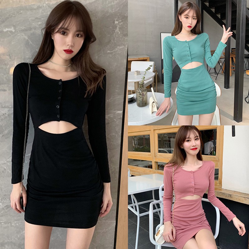 Đầm dài tay màu trơn eo cao thời trang Hàn Quốc gợi cảm thời trang cho nữ