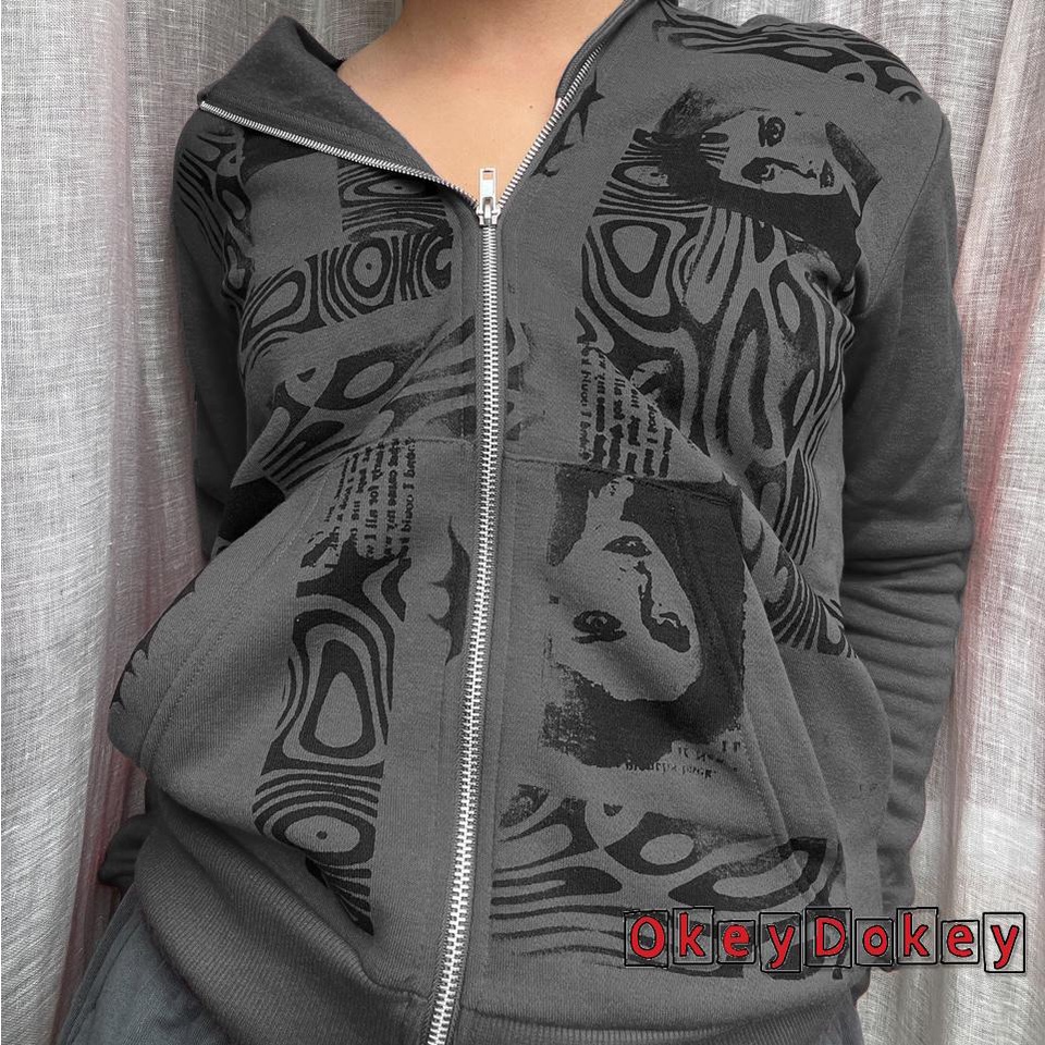OKDK-y2k Women’s Full Zip Hoodies Fashion Portrait Print Long Sleeve Loose Sweatshirt Tops